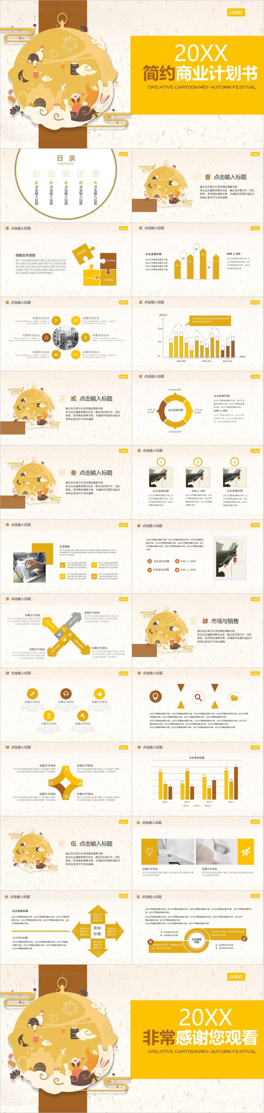 黄色中国风插画商业计划书PPT模板